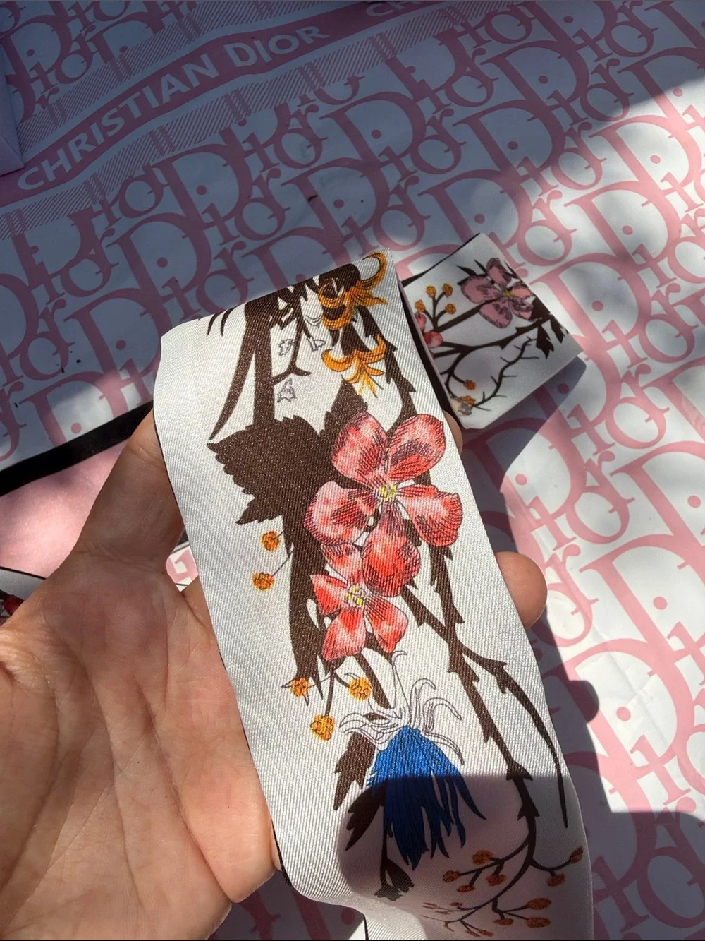 Dior Pink and White Floral Silk Twilly Mitzah Scarf 100% Silk New GWP
